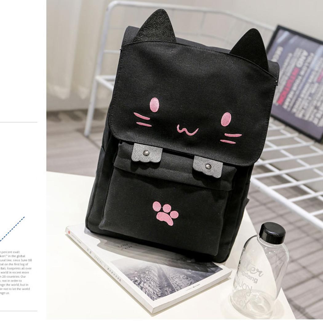 Women Canvas Big Black School Bags for Teenagers Girls Book Bag Embroidery Printing Back Bag Cat Cute Rucksack Bookbag