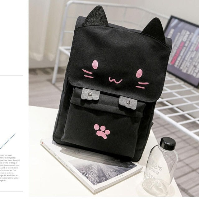 Women Canvas Big Black School Bags for Teenagers Girls Book Bag Embroidery Printing Back Bag Cat Cute Rucksack Bookbag