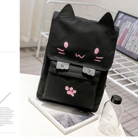Women Canvas Big Black School Bags for Teenagers Girls Book Bag Embroidery Printing Back Bag Cat Cute Rucksack Bookbag